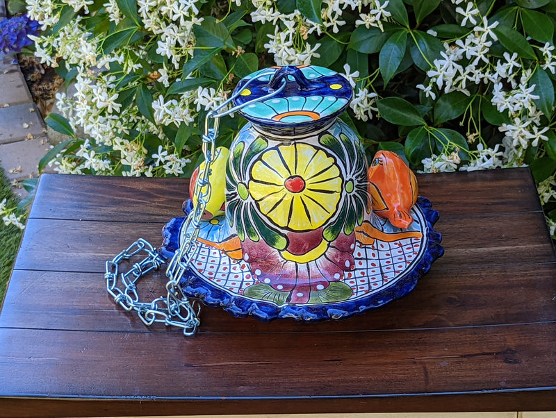 Ceramic Bird Feeder, Talavera Pottery, Decorative Outdoor Hanging Feeder Station w Chain, Handmade Mexican Pottery, Attract Wild Birds