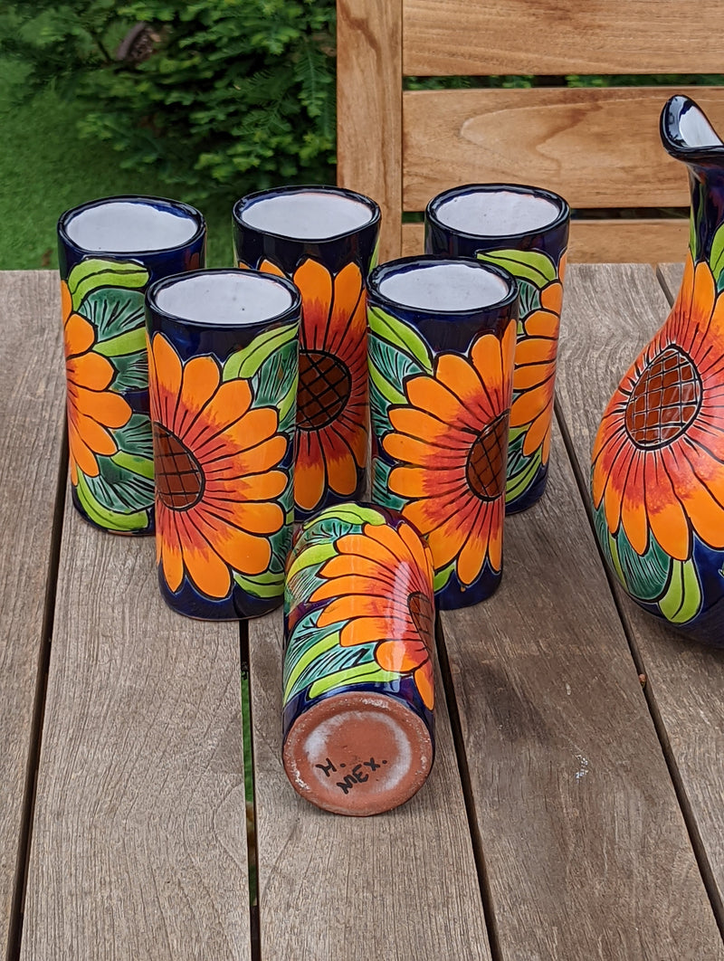 Talavera Ceramic Pitcher & Six Glasses, Handmade Talavera Pottery, Ceramic Water Pitcher Set for the Kitchen or Dining Room, Mexican Pottery