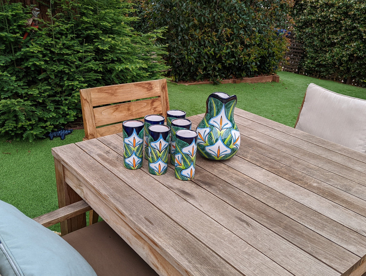 Talavera Ceramic Pitcher & Six Glasses, Handmade Talavera Pottery, Ceramic Water Pitcher Set for the Kitchen or Dining Room, Mexican Pottery