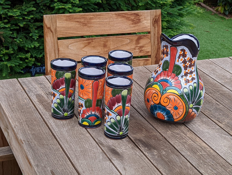 Talavera Ceramic Pitcher & Six Glasses, Handmade Talavera Pottery, Ceramic Water Pitcher Set for the Kitchen or Dining Room, Mexican Pottery