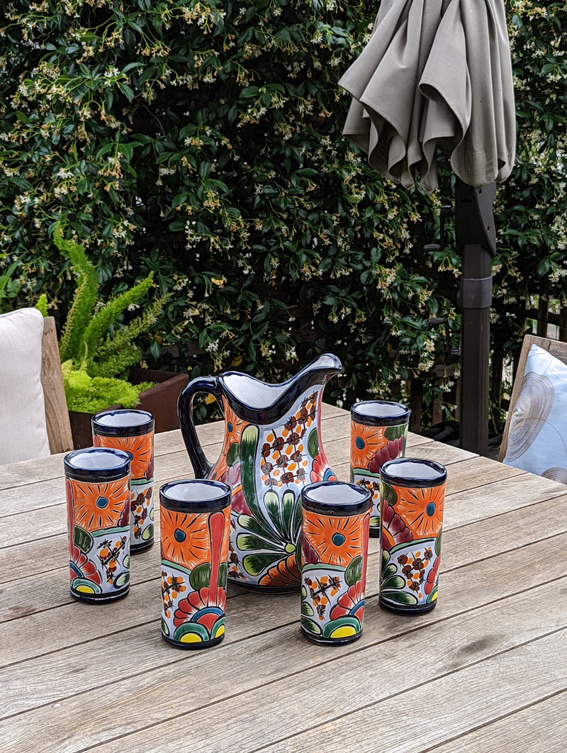 Talavera Ceramic Pitcher & Six Glasses, Handmade Talavera Pottery, Ceramic Water Pitcher Set for the Kitchen or Dining Room, Mexican Pottery