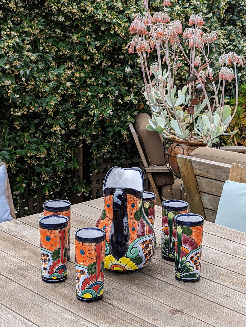 Talavera Ceramic Pitcher & Six Glasses, Handmade Talavera Pottery, Ceramic Water Pitcher Set for the Kitchen or Dining Room, Mexican Pottery