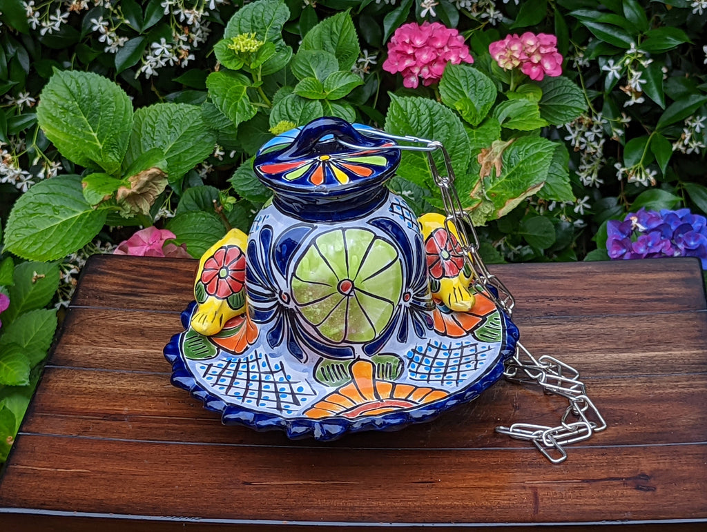 Ceramic Bird Feeder, Talavera Pottery, Decorative Outdoor Hanging Feeder Station w Chain, Handmade Mexican Pottery, Attract Wild Birds