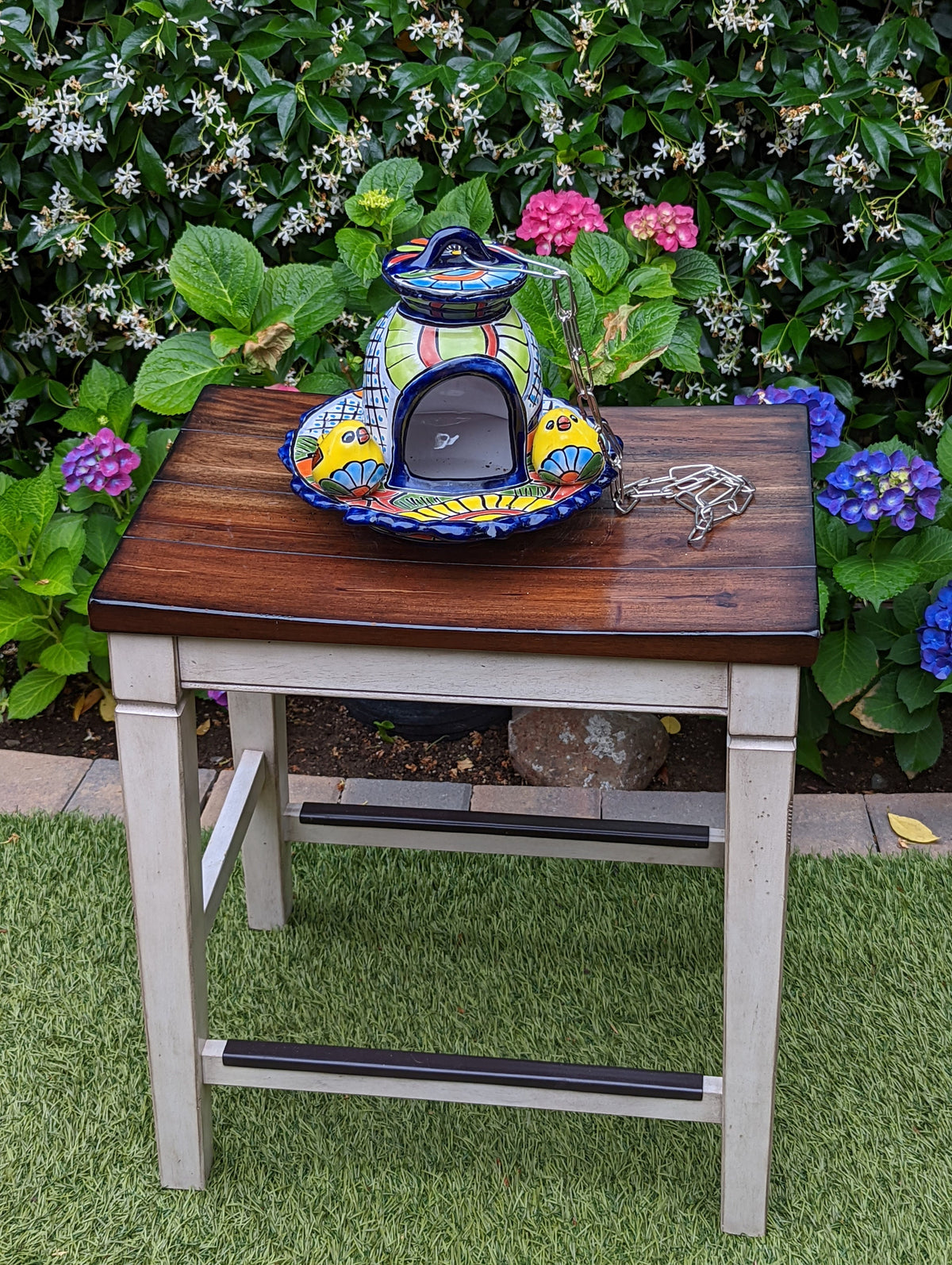 Ceramic Bird Feeder, Talavera Pottery, Decorative Outdoor Hanging Feeder Station w Chain, Handmade Mexican Pottery, Attract Wild Birds