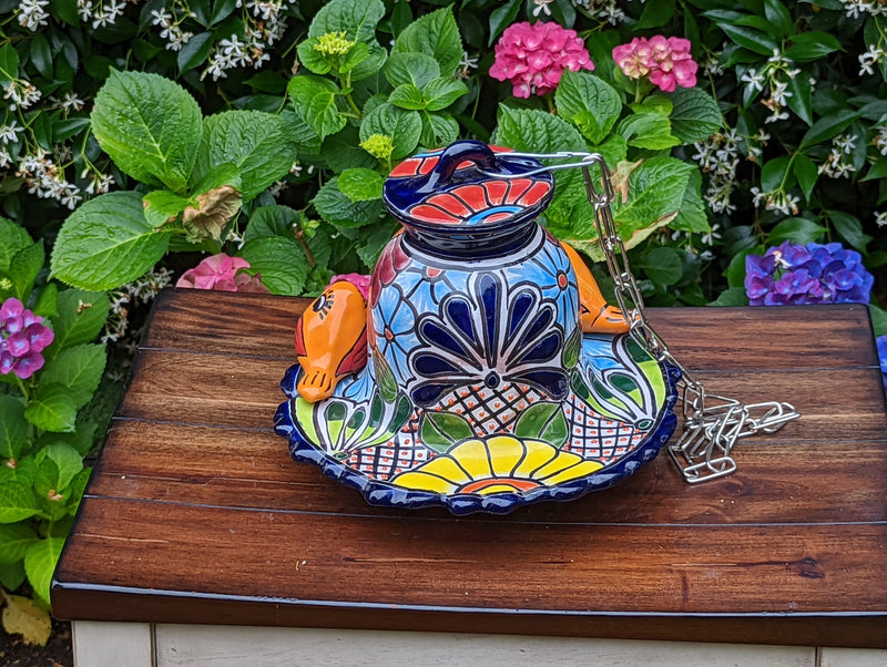 Ceramic Bird Feeder, Talavera Pottery, Decorative Outdoor Hanging Feeder Station w Chain, Handmade Mexican Pottery, Attract Wild Birds