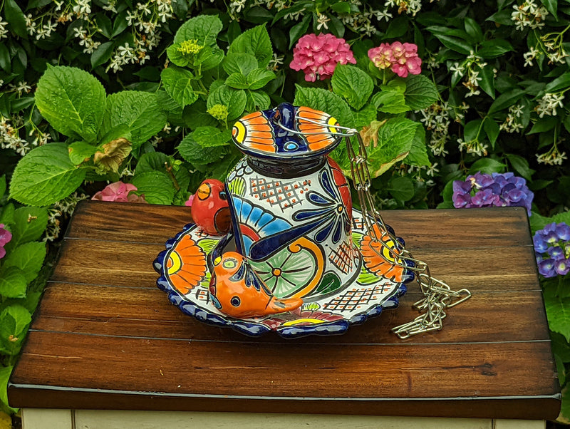 Ceramic Bird Feeder, Talavera Pottery, Decorative Outdoor Hanging Feeder Station w Chain, Handmade Mexican Pottery, Attract Wild Birds