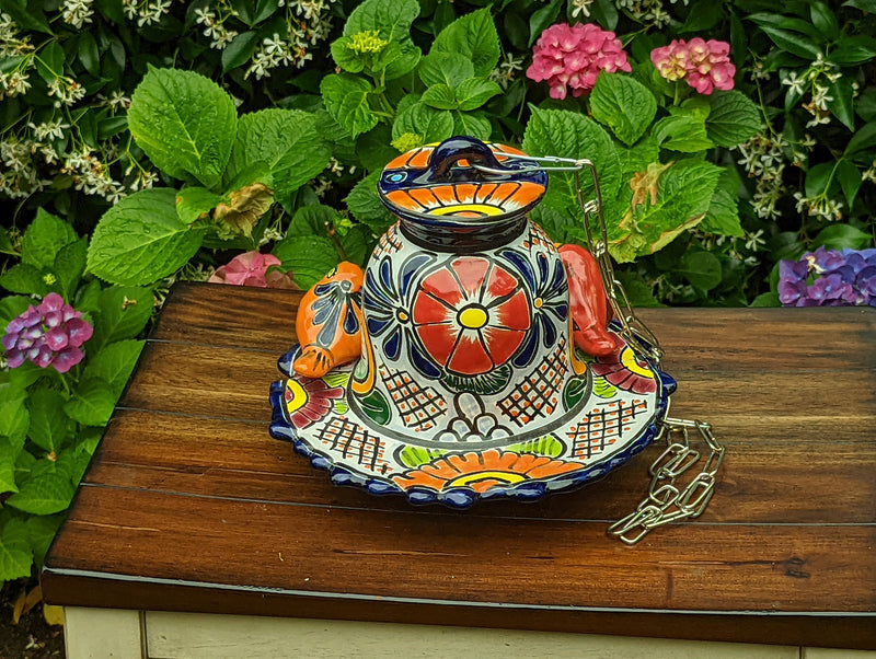 Ceramic Bird Feeder, Talavera Pottery, Decorative Outdoor Hanging Feeder Station w Chain, Handmade Mexican Pottery, Attract Wild Birds