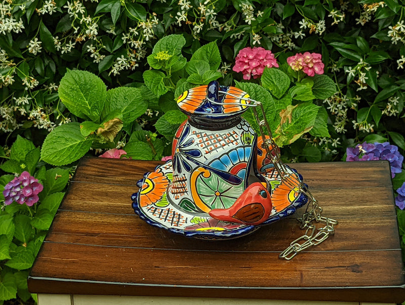 Ceramic Bird Feeder, Talavera Pottery, Decorative Outdoor Hanging Feeder Station w Chain, Handmade Mexican Pottery, Attract Wild Birds