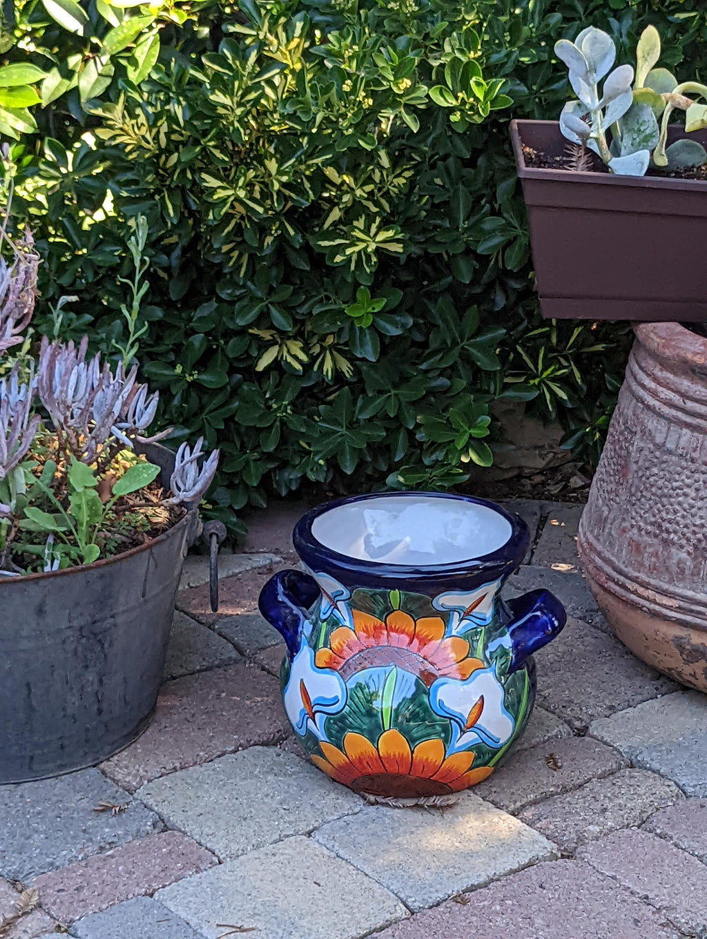 10.5" Round Planter, Talavera Ceramic Sunflower Lilly Pot, Handmade Pottery for Outdoor Garden Decor, Indoor Home Decor or Unique Gift