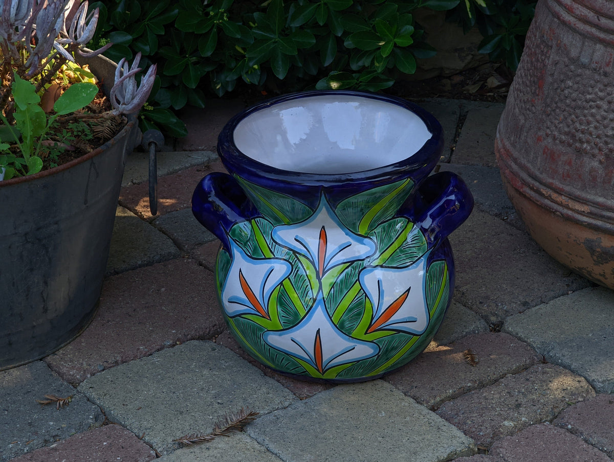 Colorful 10.5" Round Lilly Flower Pot, Talavera Ceramic Planter, Handmade Pottery is Outdoor Garden Decor, Indoor Home Decor