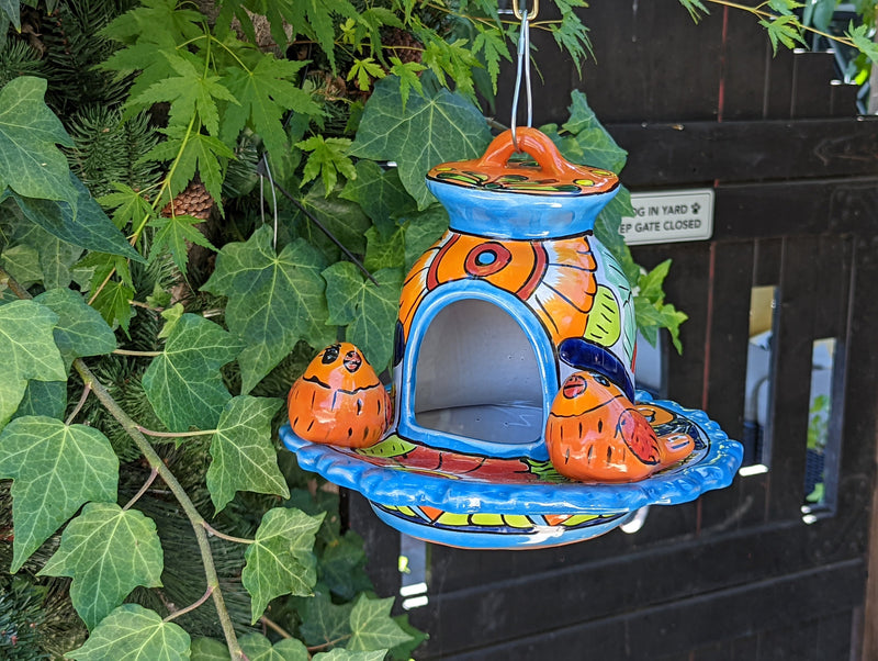 Ceramic Bird Feeder, Talavera Pottery, Decorative Outdoor Hanging Feeder Station w Chain, Handmade Mexican Pottery, Attract Wild Birds