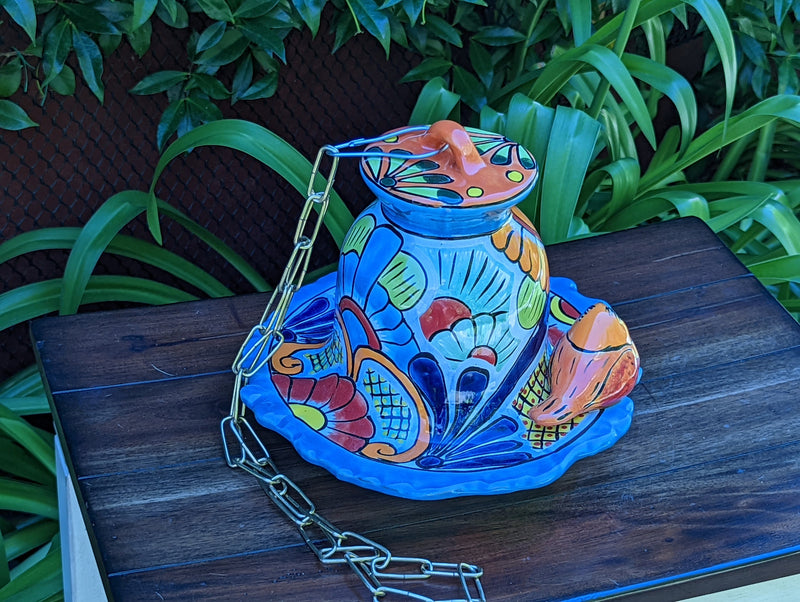 Ceramic Bird Feeder, Talavera Pottery, Decorative Outdoor Hanging Feeder Station w Chain, Handmade Mexican Pottery, Attract Wild Birds