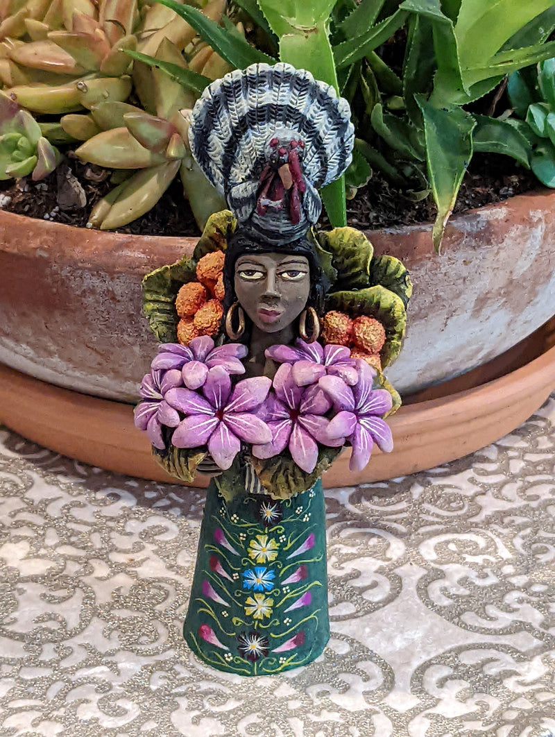 Woman with Turkey Headdress, Clay Woman Figurine, Woman Statue, Mexican Folk Art, Oaxacan Art, Handmade Original Collectible