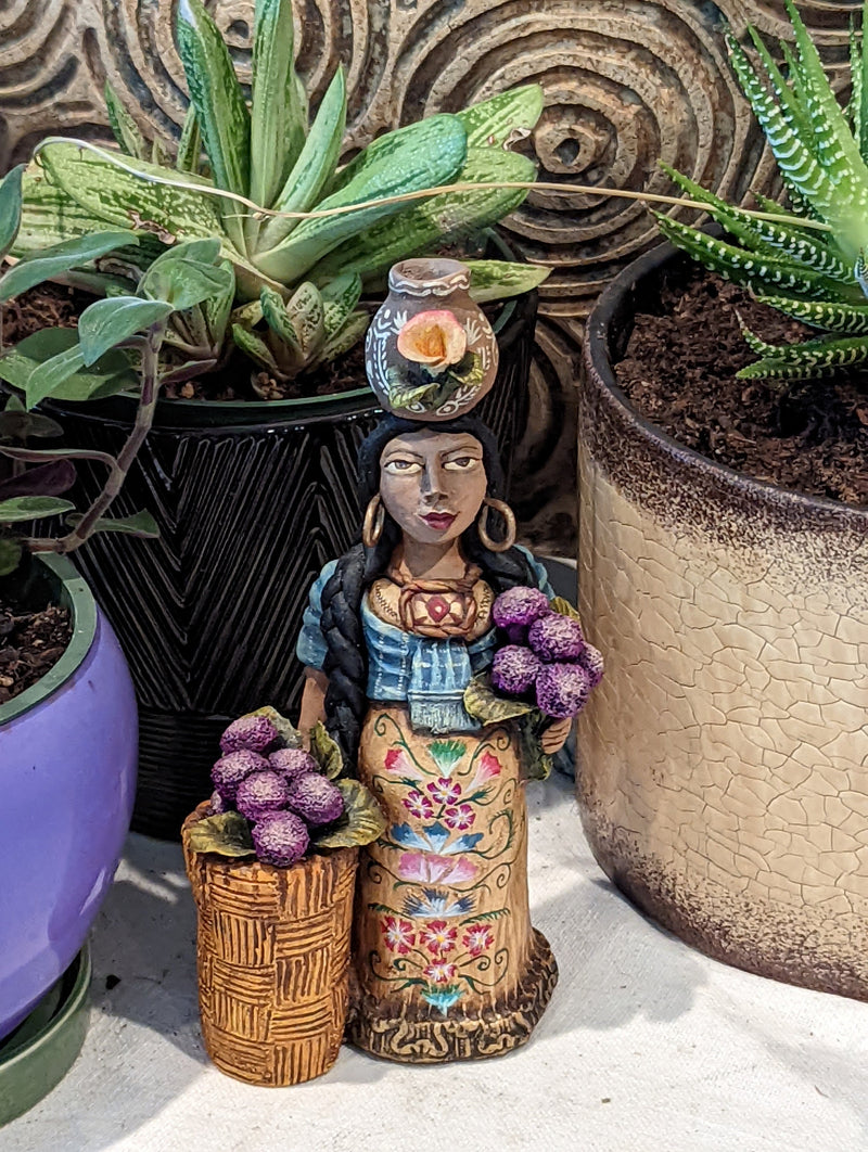 Woman Vendor, Home Decor Mexican Folk Art, Handmade Woman Figurine Statue, Clay Pottery Original Art from Oaxaca, Mexico