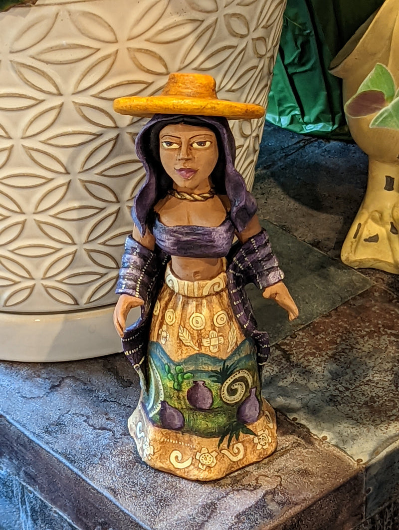 Woman with Hat, Home Decor Mexican Folk Art, Handmade Woman Figurine Statue, Clay Pottery Original Art from Oaxaca, Mexico