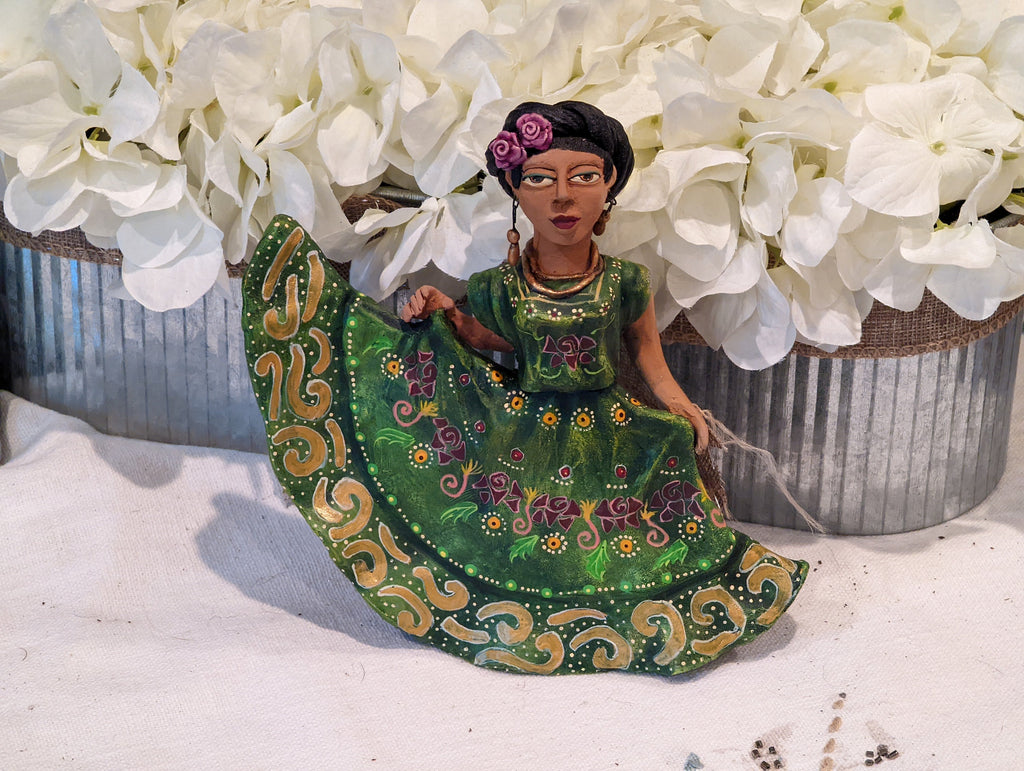 Oaxacan Woman Dancing, Mexican Folk Art from Oaxaca, Clay Figurine, Handmade by Juan Jose Aguilar, Collectible Women Statuette