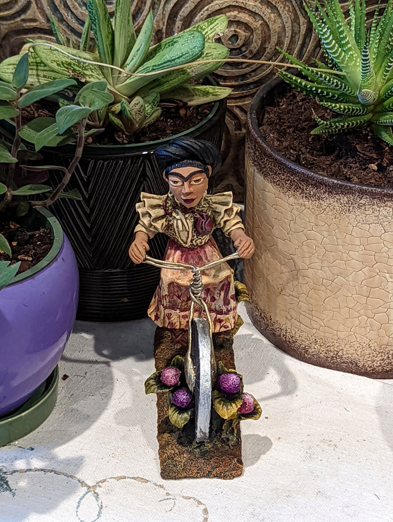 Oaxacan Woman on Bicycle, Mexican Folk Art from Oaxaca, Clay Figurine, Handmade by Juan Jose Aguilar, Collectible Women Statuette