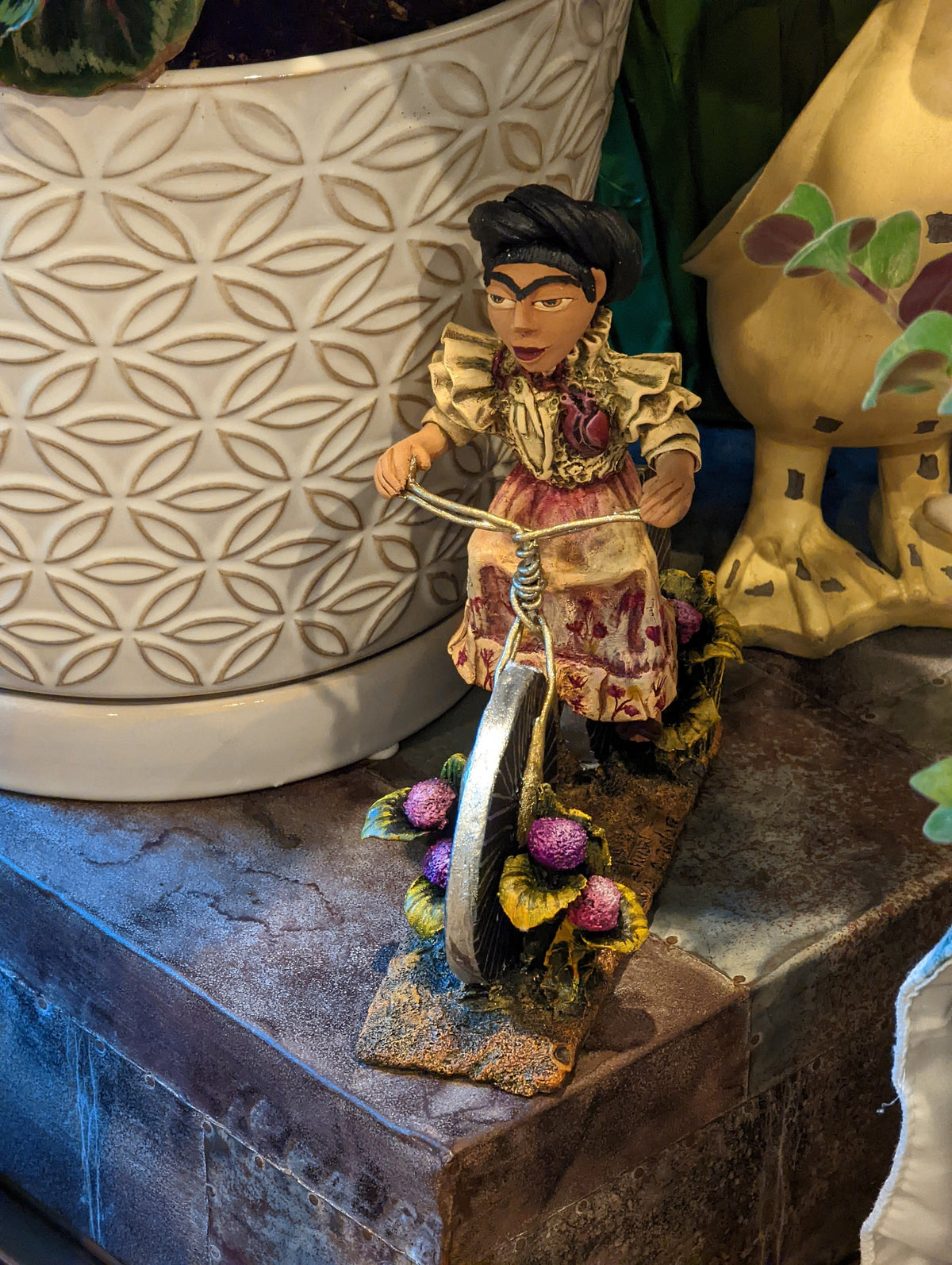 Oaxacan Woman on Bicycle, Mexican Folk Art from Oaxaca, Clay Figurine, Handmade by Juan Jose Aguilar, Collectible Women Statuette