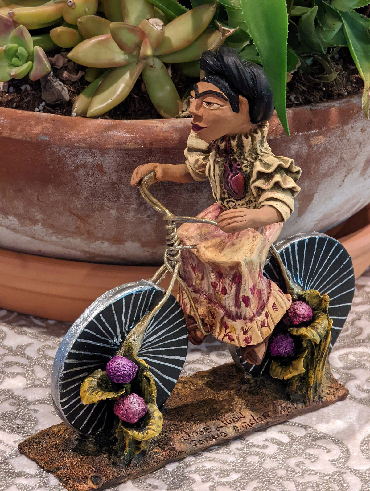 Oaxacan Woman on Bicycle, Mexican Folk Art from Oaxaca, Clay Figurine, Handmade by Juan Jose Aguilar, Collectible Women Statuette