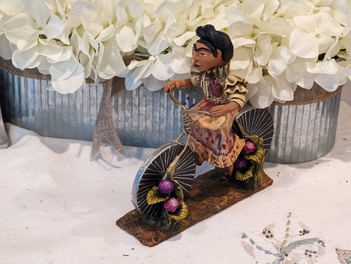 Oaxacan Woman on Bicycle, Mexican Folk Art from Oaxaca, Clay Figurine, Handmade by Juan Jose Aguilar, Collectible Women Statuette