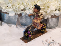 Oaxacan Woman on Bicycle, Mexican Folk Art from Oaxaca, Clay Figurine, Handmade by Juan Jose Aguilar, Collectible Women Statuette