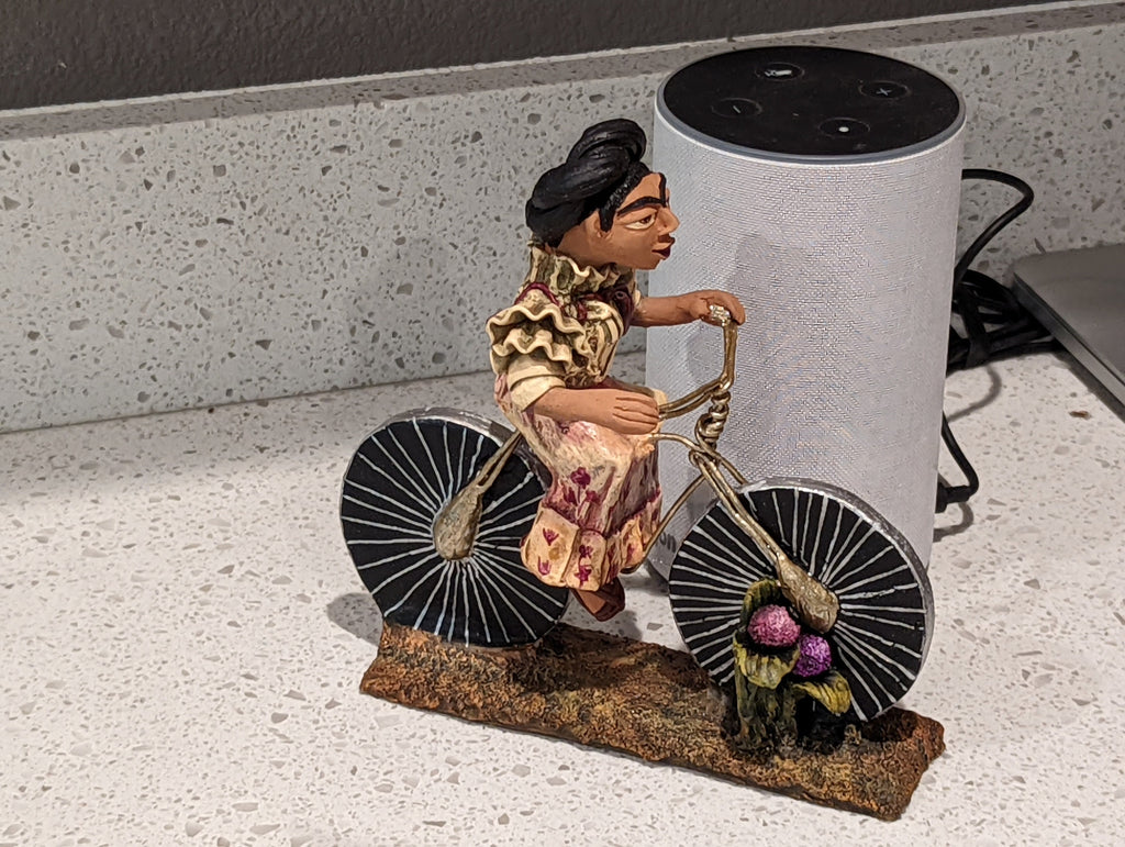 Oaxacan Woman on Bicycle, Mexican Folk Art from Oaxaca, Clay Figurine, Handmade by Juan Jose Aguilar, Collectible Women Statuette