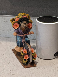 Oaxacan Vendor Woman on Bicycle, Mexican Folk Art from Oaxaca, Clay Figurine, Handmade by Juan Jose Aguilar, Collectible Women Statuette