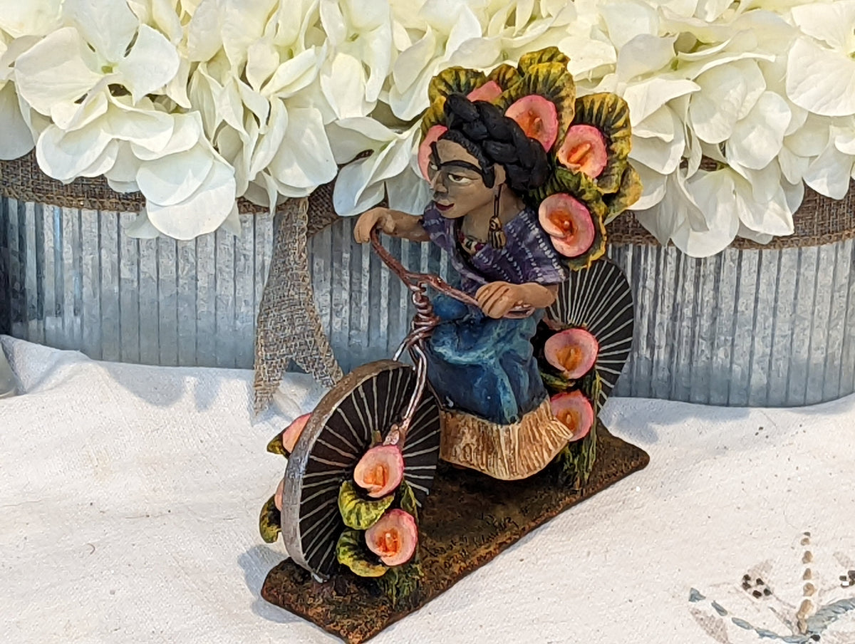 Oaxacan Vendor Woman on Bicycle, Mexican Folk Art from Oaxaca, Clay Figurine, Handmade by Juan Jose Aguilar, Collectible Women Statuette