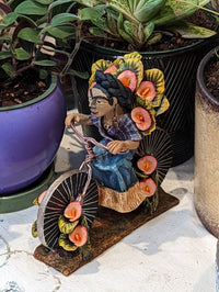 Oaxacan Vendor Woman on Bicycle, Mexican Folk Art from Oaxaca, Clay Figurine, Handmade by Juan Jose Aguilar, Collectible Women Statuette