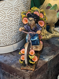 Oaxacan Vendor Woman on Bicycle, Mexican Folk Art from Oaxaca, Clay Figurine, Handmade by Juan Jose Aguilar, Collectible Women Statuette