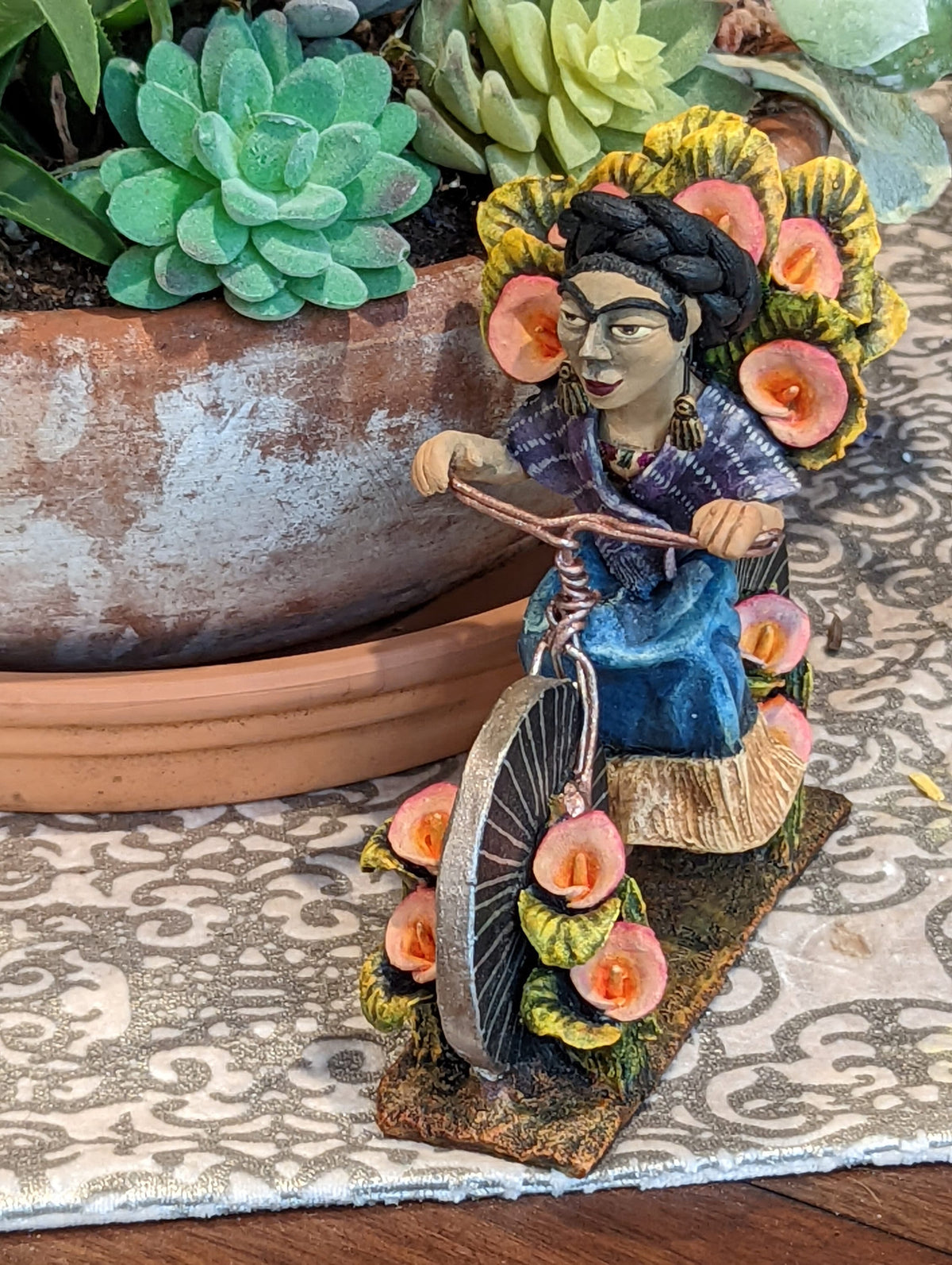 Oaxacan Vendor Woman on Bicycle, Mexican Folk Art from Oaxaca, Clay Figurine, Handmade by Juan Jose Aguilar, Collectible Women Statuette