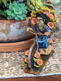 Oaxacan Vendor Woman on Bicycle, Mexican Folk Art from Oaxaca, Clay Figurine, Handmade by Juan Jose Aguilar, Collectible Women Statuette