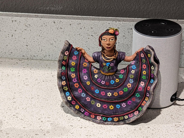 Oaxacan Woman Holding Skirt, Mexican Folk Art from Oaxaca, Clay Figurine, Handmade by Juan Jose Aguilar, Collectible Women Statuette