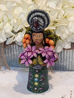 Woman with Turkey Headdress, Clay Woman Figurine, Woman Statue, Mexican Folk Art, Oaxacan Art, Handmade Original Collectible