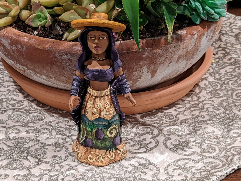 Woman with Hat, Home Decor Mexican Folk Art, Handmade Woman Figurine Statue, Clay Pottery Original Art from Oaxaca, Mexico