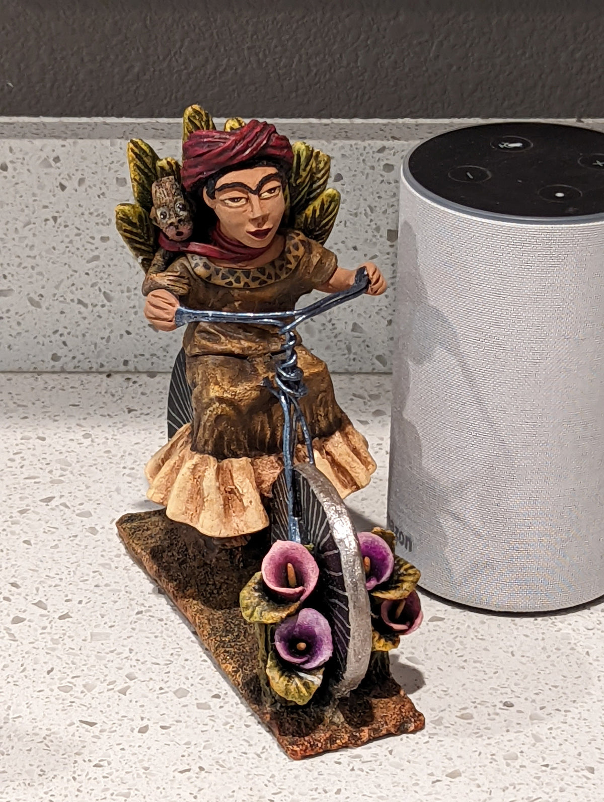 Oaxacan Vendor Woman on Bicycle, Mexican Folk Art from Oaxaca, Clay Figurine, Handmade by Juan Jose Aguilar, Collectible Women Statuette