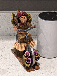Oaxacan Vendor Woman on Bicycle, Mexican Folk Art from Oaxaca, Clay Figurine, Handmade by Juan Jose Aguilar, Collectible Women Statuette