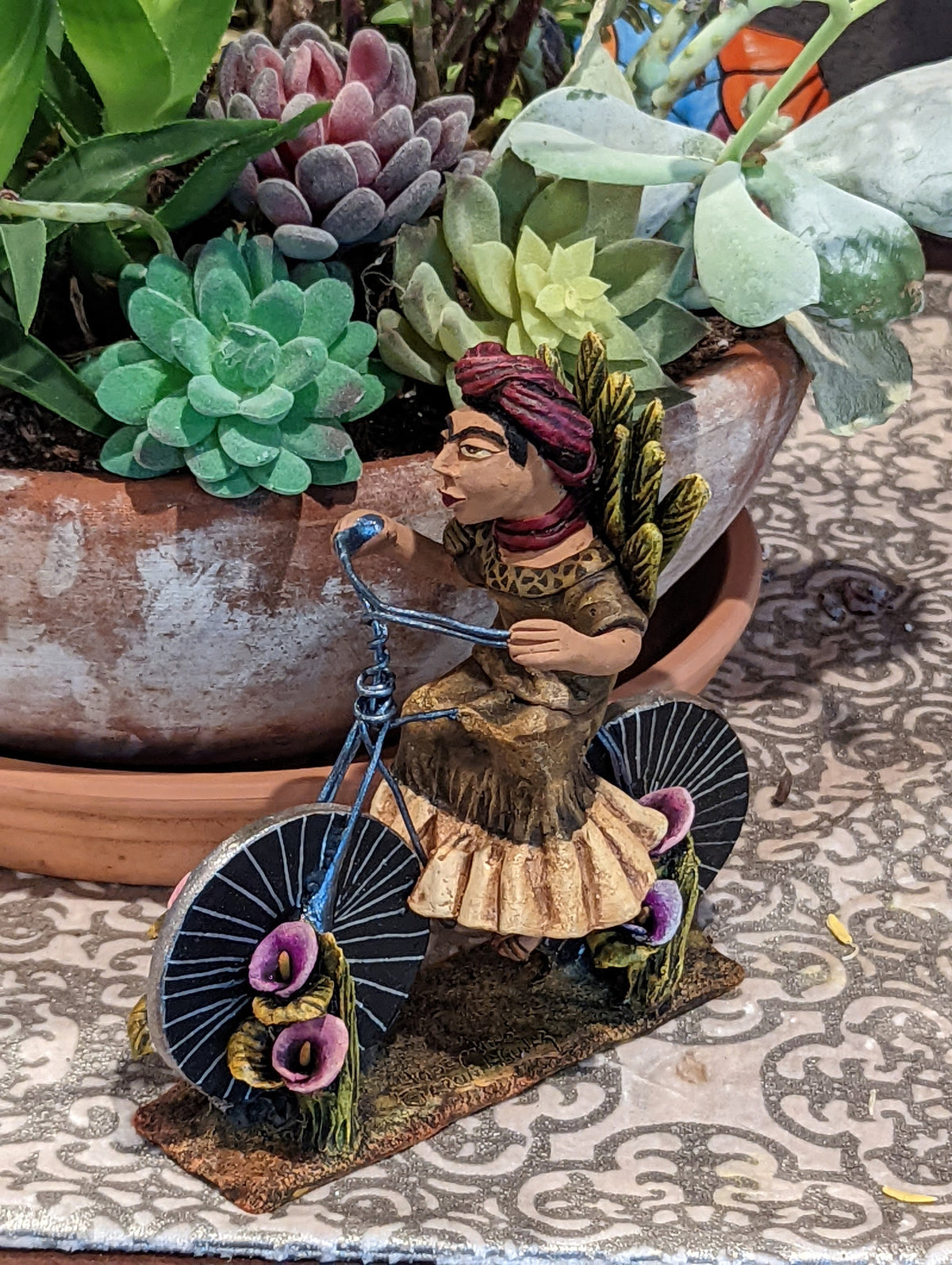 Oaxacan Vendor Woman on Bicycle, Mexican Folk Art from Oaxaca, Clay Figurine, Handmade by Juan Jose Aguilar, Collectible Women Statuette