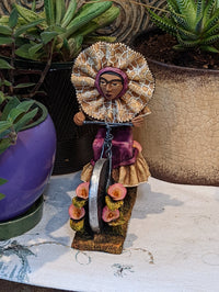 Oaxacan Vendor Woman on Bicycle, Mexican Folk Art from Oaxaca, Clay Figurine, Handmade by Juan Jose Aguilar, Collectible Women Statuette
