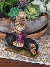 Oaxacan Vendor Woman on Bicycle, Mexican Folk Art from Oaxaca, Clay Figurine, Handmade by Juan Jose Aguilar, Collectible Women Statuette