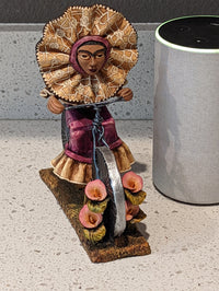 Oaxacan Vendor Woman on Bicycle, Mexican Folk Art from Oaxaca, Clay Figurine, Handmade by Juan Jose Aguilar, Collectible Women Statuette