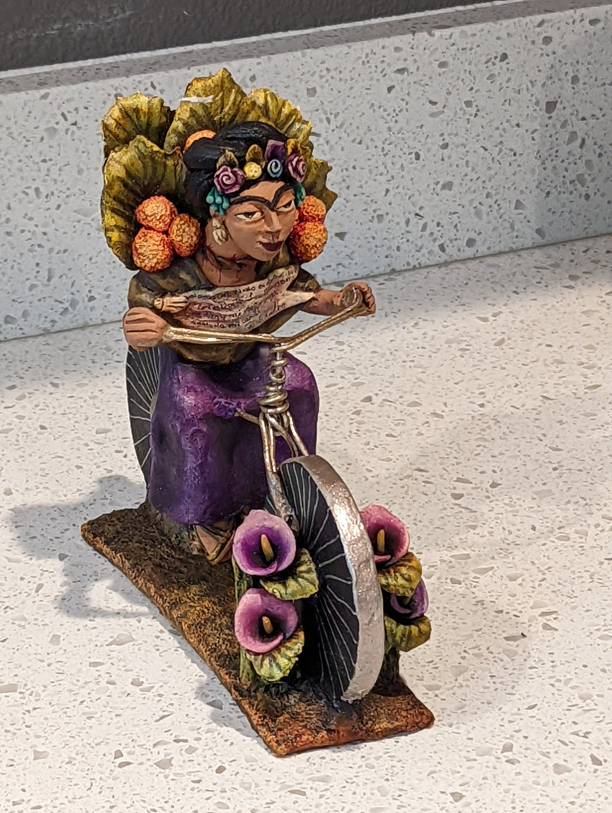 Oaxacan Vendor Woman on Bicycle, Mexican Folk Art from Oaxaca, Clay Figurine, Handmade by Juan Jose Aguilar, Collectible Women Statuette