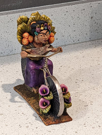 Oaxacan Vendor Woman on Bicycle, Mexican Folk Art from Oaxaca, Clay Figurine, Handmade by Juan Jose Aguilar, Collectible Women Statuette