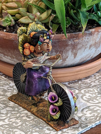 Oaxacan Vendor Woman on Bicycle, Mexican Folk Art from Oaxaca, Clay Figurine, Handmade by Juan Jose Aguilar, Collectible Women Statuette