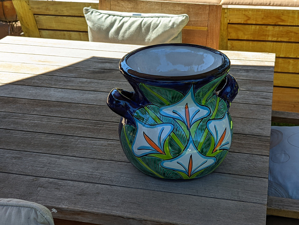 Colorful 10.5" Round Lilly Flower Pot, Talavera Ceramic Planter, Handmade Pottery is Outdoor Garden Decor, Indoor Home Decor