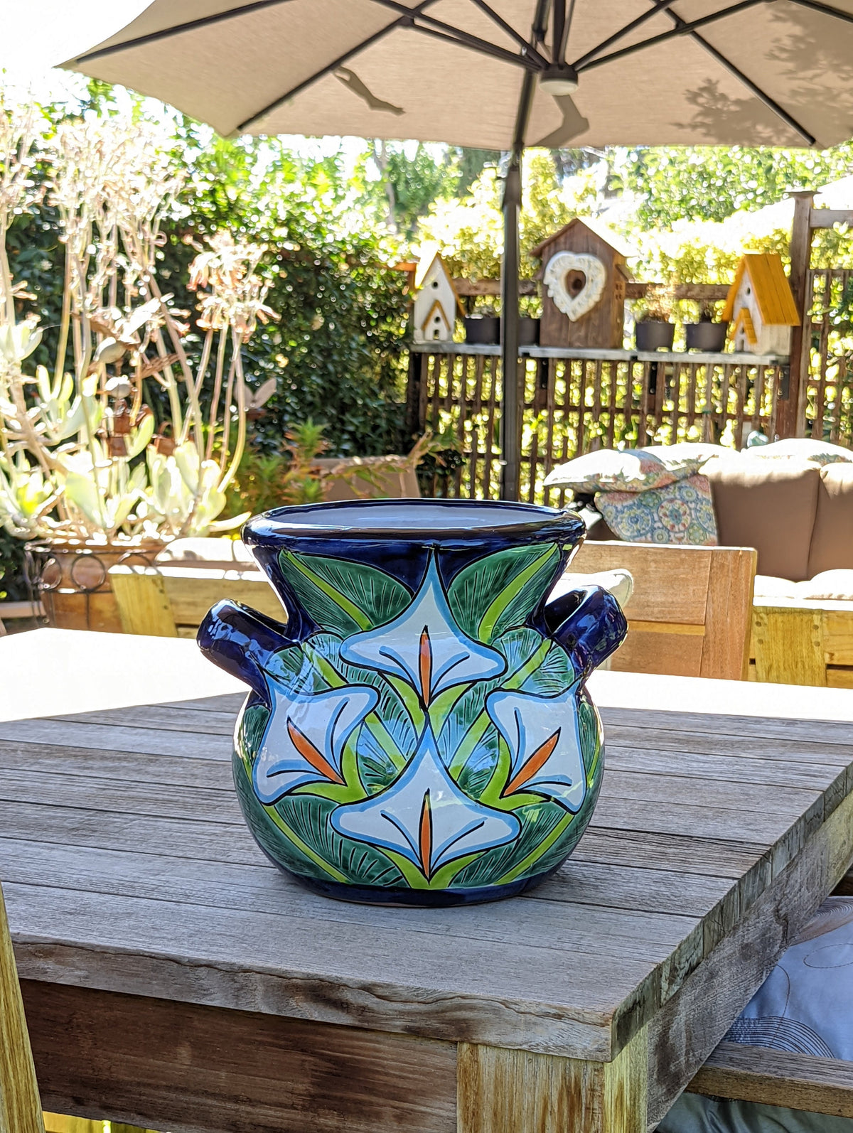 Colorful 10.5" Round Lilly Flower Pot, Talavera Ceramic Planter, Handmade Pottery is Outdoor Garden Decor, Indoor Home Decor