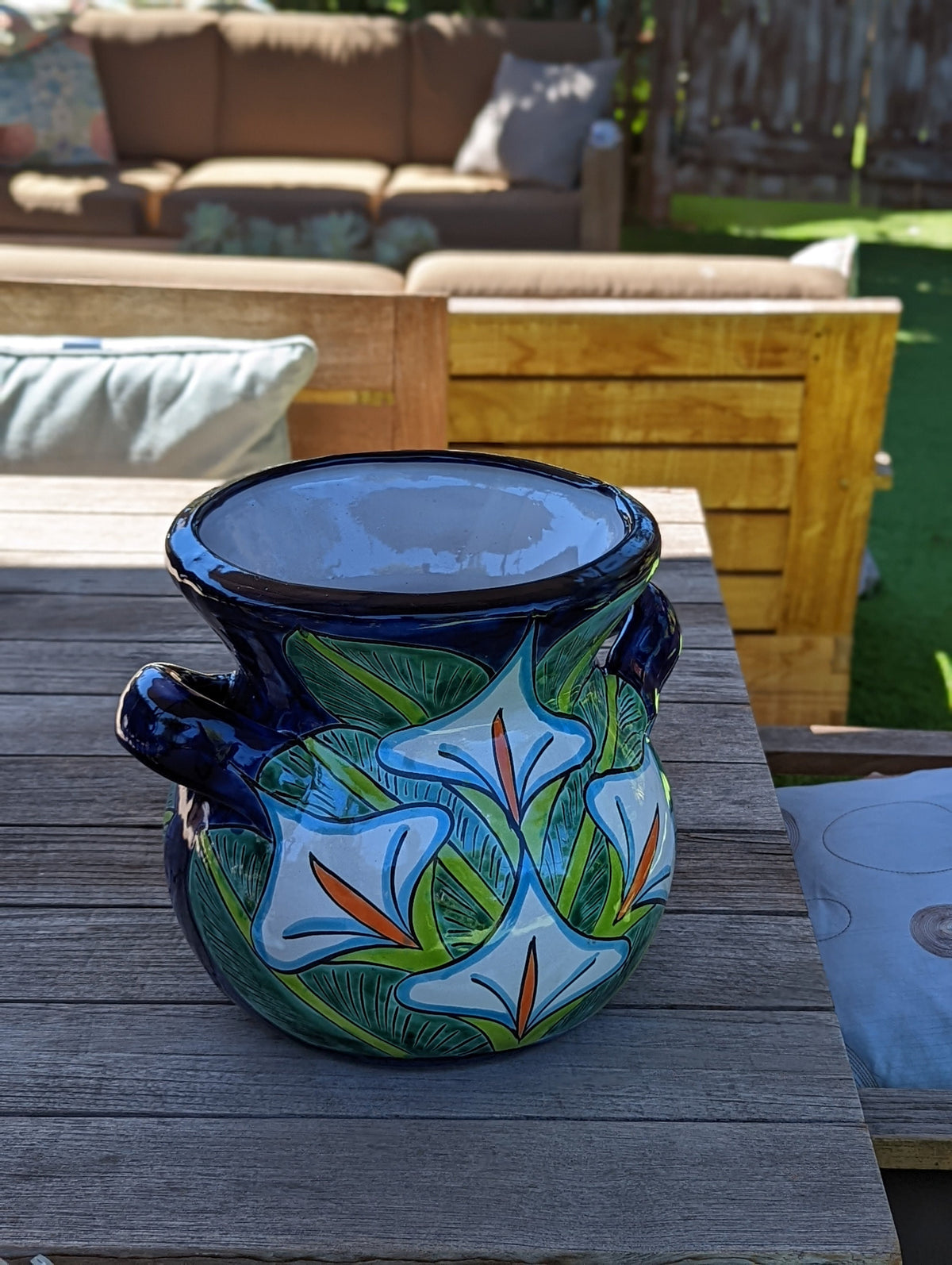 Colorful 10.5" Round Lilly Flower Pot, Talavera Ceramic Planter, Handmade Pottery is Outdoor Garden Decor, Indoor Home Decor