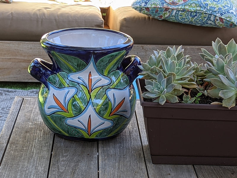 Colorful 10.5" Round Lilly Flower Pot, Talavera Ceramic Planter, Handmade Pottery is Outdoor Garden Decor, Indoor Home Decor