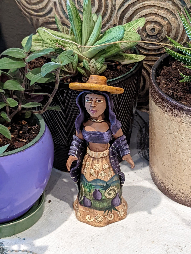 Woman with Hat, Home Decor Mexican Folk Art, Handmade Woman Figurine Statue, Clay Pottery Original Art from Oaxaca, Mexico