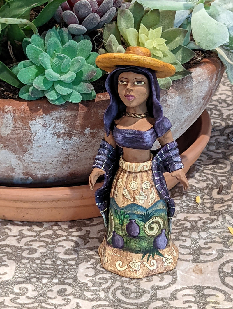 Woman with Hat, Home Decor Mexican Folk Art, Handmade Woman Figurine Statue, Clay Pottery Original Art from Oaxaca, Mexico